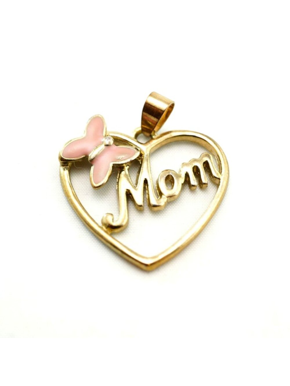 Vintage Mom Heart Pendant Pink Enamel Butterfly 18KGP Gold Plated Charm